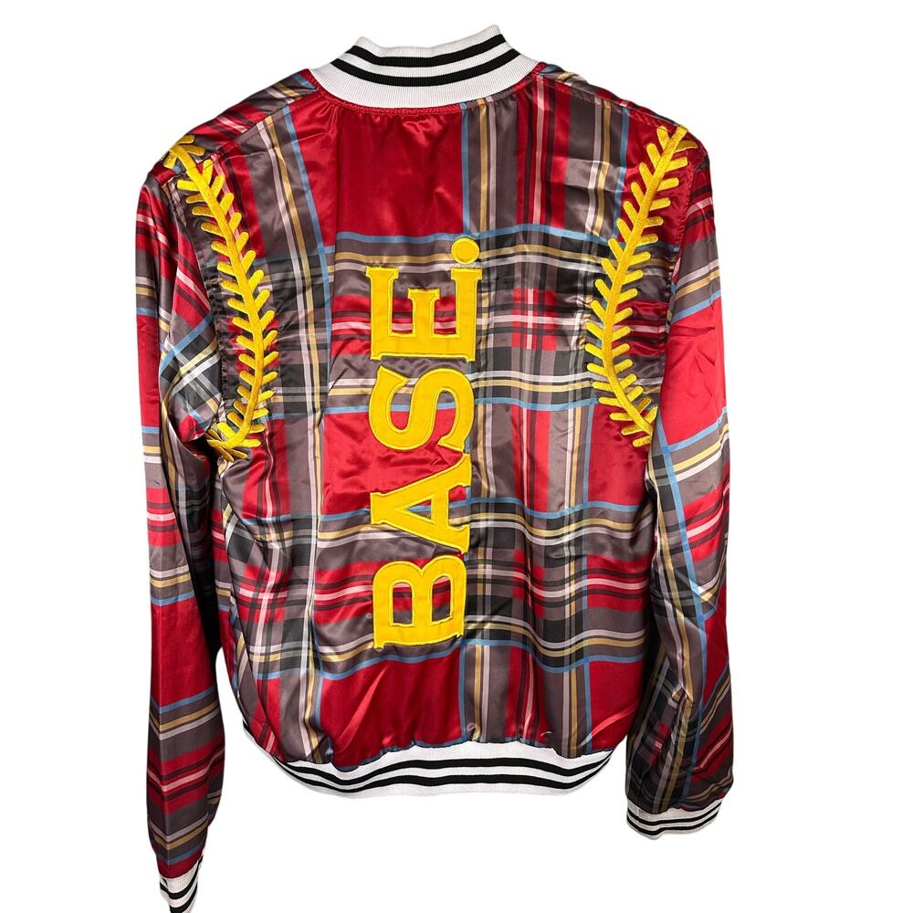 BASE. red plaid bomber jacket with yellow baseball-themed embellishments Size M - Picture 3 of 7